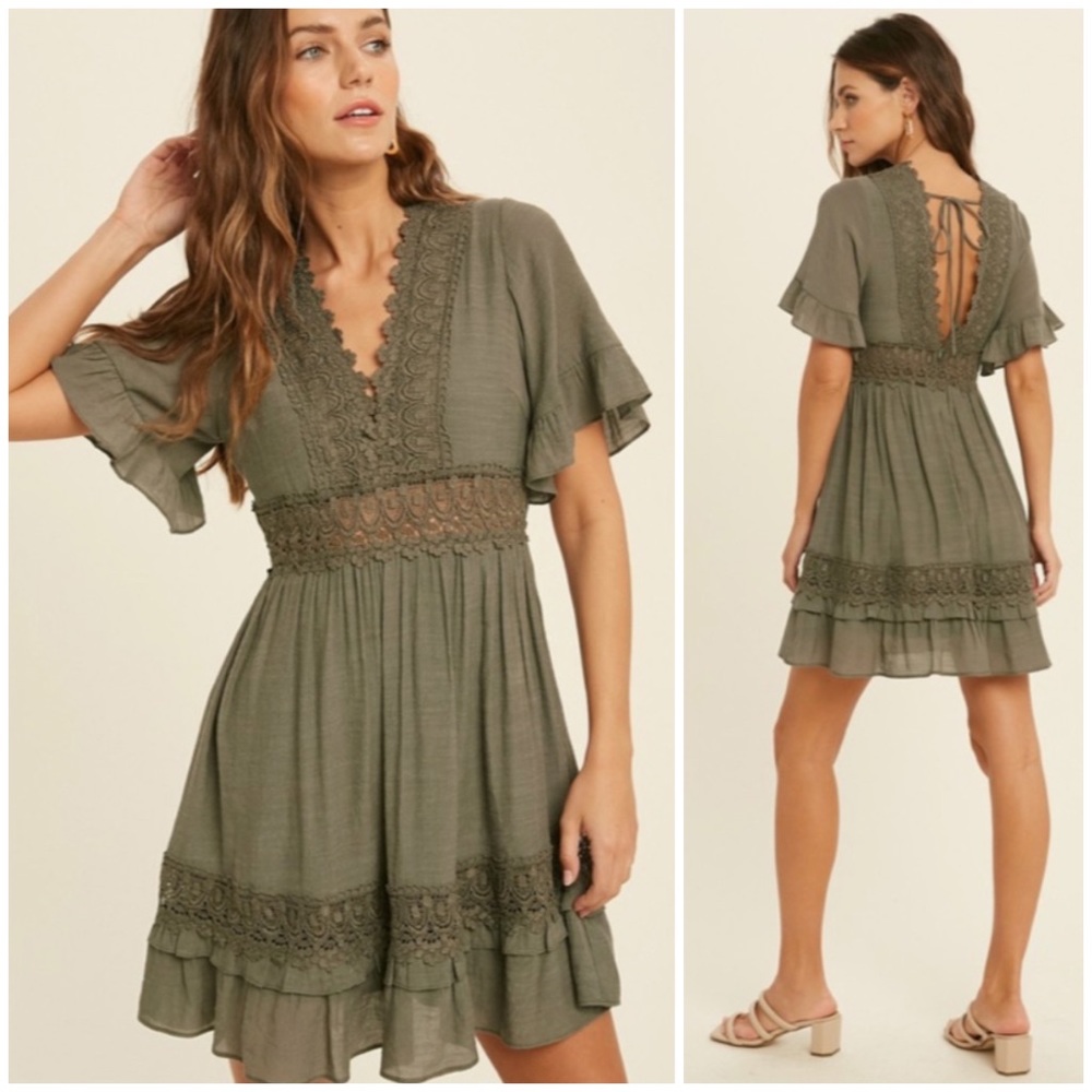 SOLD OUT Dainty Olive Green Bohemian Crochet Lace Trim Ruffle Short Mini Dress - Picture 1 of 3